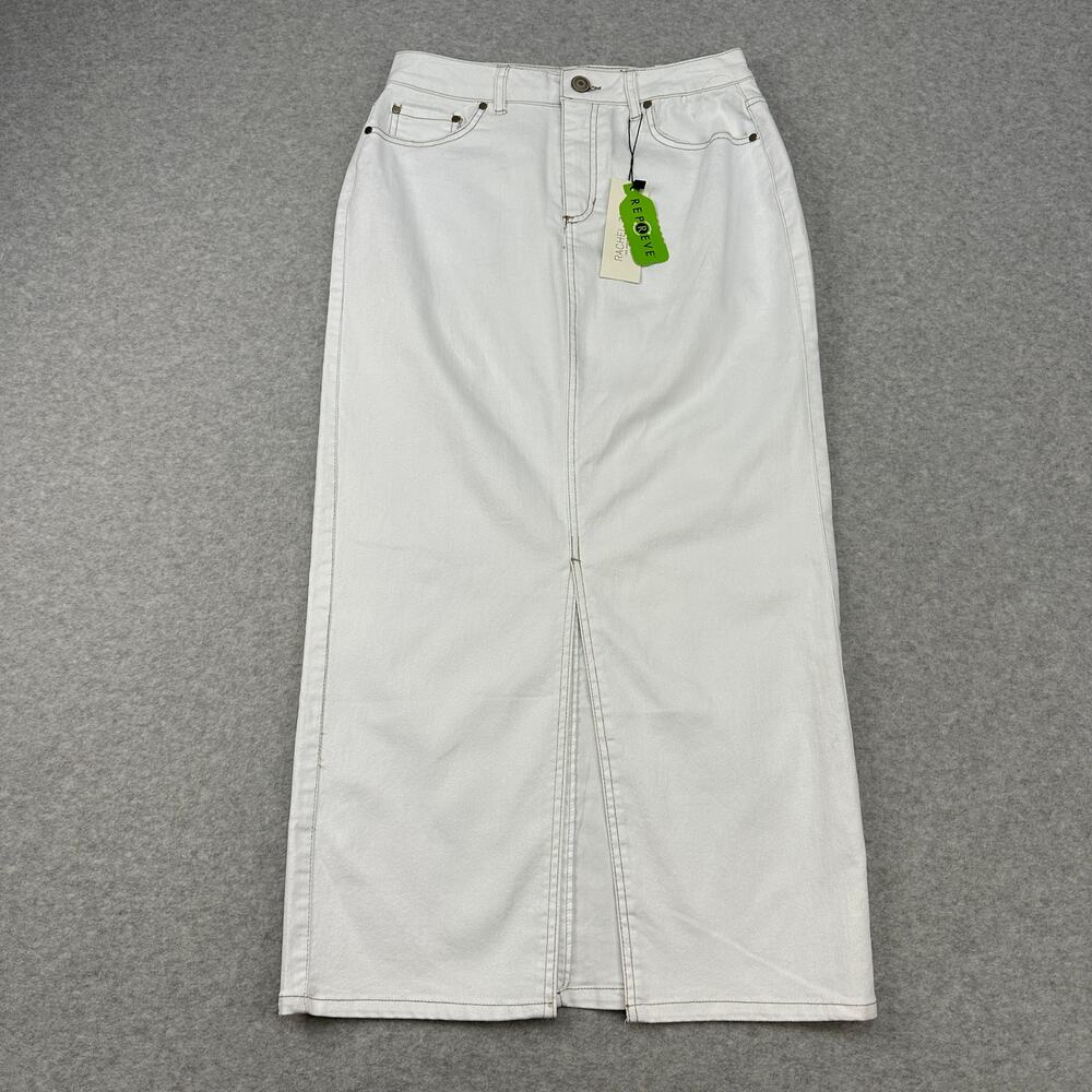 Rachel Zoe Maxi Skirt WMNS 4 White Hi-Rise Stretch Front Slit Denim Boho Jean